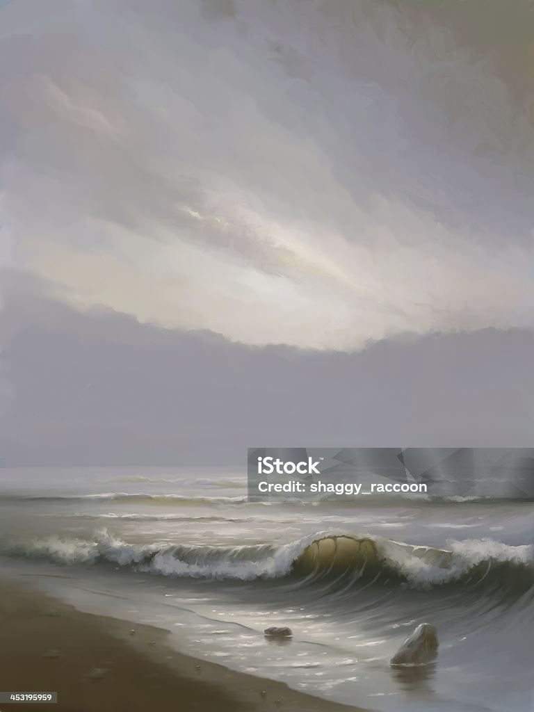 Sea Sea shore with waves and stones. Digital painting. Beige Stock Photo