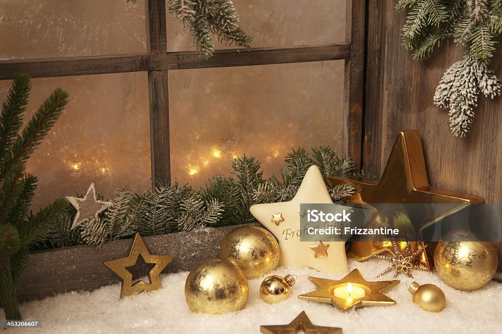 Christmas ornaments on window sill - country style decoration. Christmas ornaments on window sill - country style decoration for a greeting card Art And Craft Stock Photo