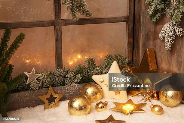 Christmas Ornaments On Window Sill Country Style Decoration Stock Photo - Download Image Now