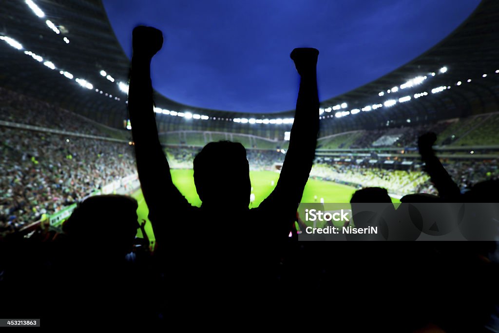 Silhouette di appassionati di sport festeggia all'arena - Foto stock royalty-free di Fan