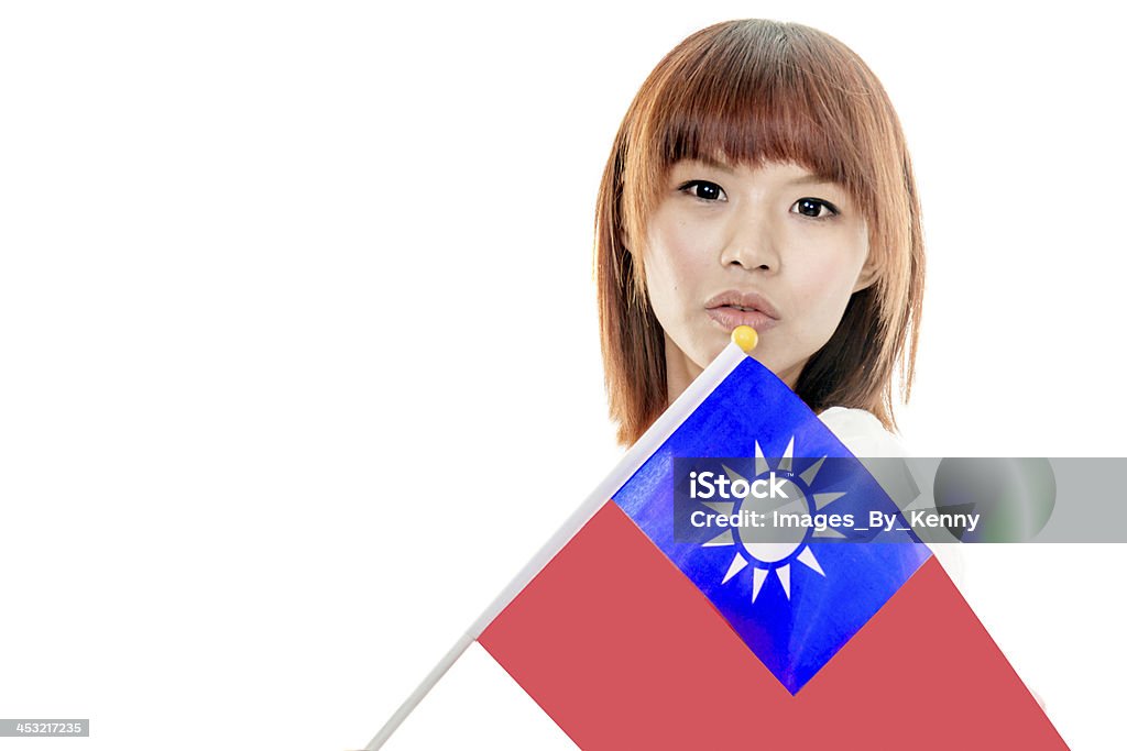 Chinese female holding Taiwan flag Asian Chinese woman with ROC flag Adult Stock Photo