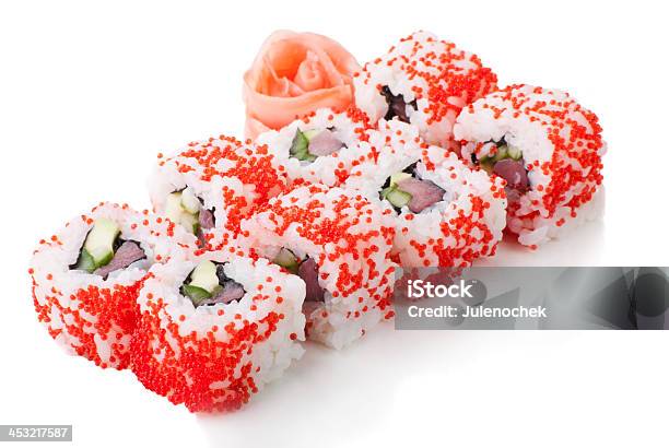 California Sushi Rolls On White Isolated Stock Photo - Download Image Now - Asia, Avocado, Cooking