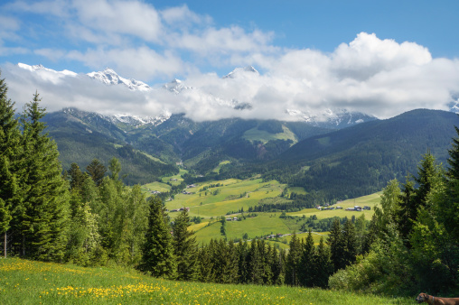 Scenery view from the mountain to the valley in Austrian Maria Alm with green grass, blue sky and snow