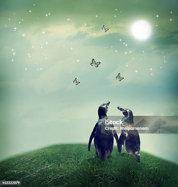 Penguin Couple In Fantasy Landscape Stock Photo - Download Image Now - Animal, Bird, Bonding