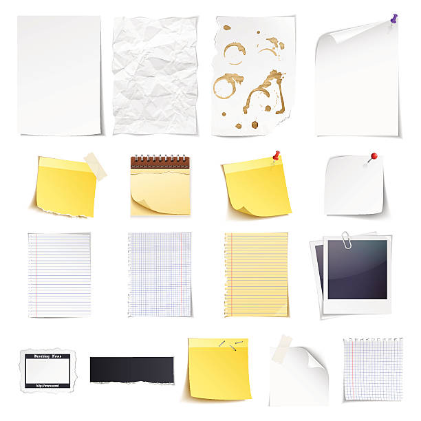 Vector set of different kinds of paper templates Design elements Notebook, simple white paper, grungy torn paper, lined and squared notepad pages, polaroid photo frame, news paper cut and sticky notes isolated on white background. crumpled paper photos stock illustrations
