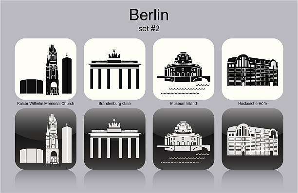 Berlin icons Landmarks of Berlin. Set of monochrome icons. Editable vector illustration. kaiser wilhelm memorial church stock illustrations