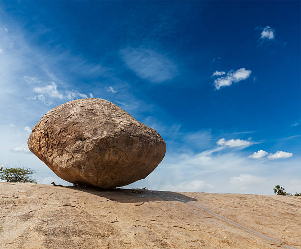 Mahabalipuram, Tamil Nadu, India. 11 Mar 23 . Krishna's butterball - balancing giant natural rock stone . Mahabalipuram, Tamil Nadu, India