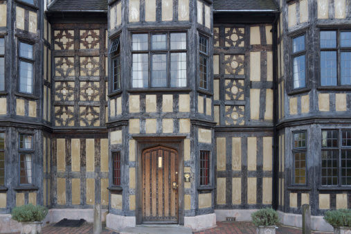 Decorative Tudor frontage of Castle Gates House, dating from the early 1600s in Shrewsbury.