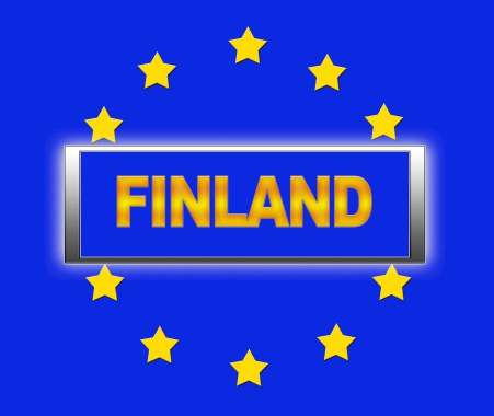 The word Finland and flag of Europe .