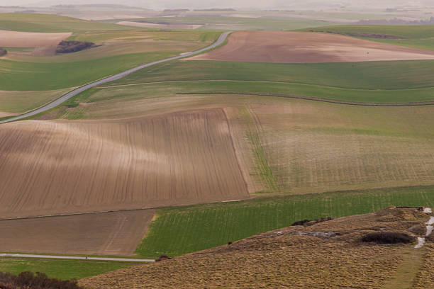 Aerial view from Cap Blanc Nez on colourful fields. Spring time in north part of France.