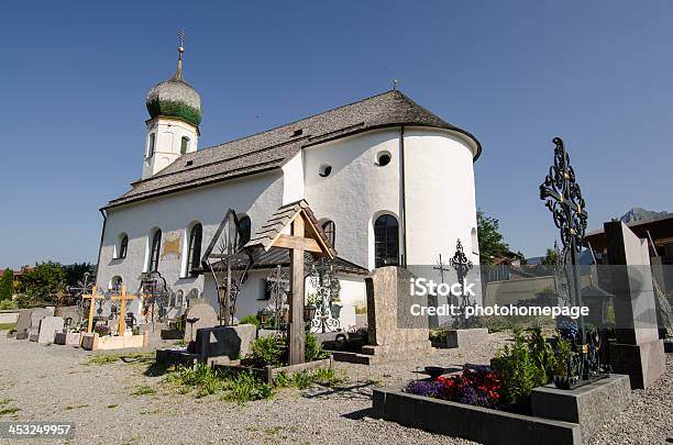 Graveyard And Church In Tirol Stock Photo - Download Image Now - Architecture, Austria, Blue