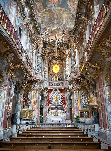 The Interior of the Asam Church in Munchen, Germany.  The church was built from 1733 to 1746 and is considered to be one of the most important buildings of the main representatives of the southern German Late Baroque.