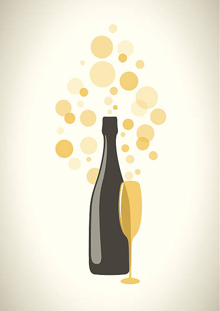 Bottle and glass of champagne with bubbles on grey background. Bottle and glass of champagne with transparent bubbles on grey background. champagne bubbles stock illustrations