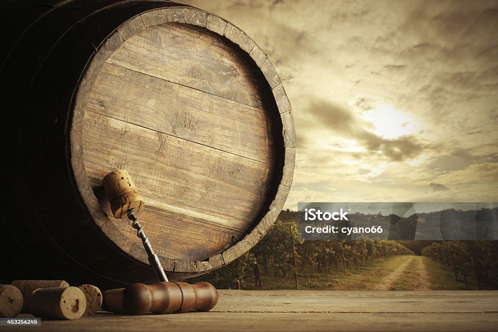 Vineyard corkscrew and wooden barrel, vineyard on background Agriculture Stock Photo