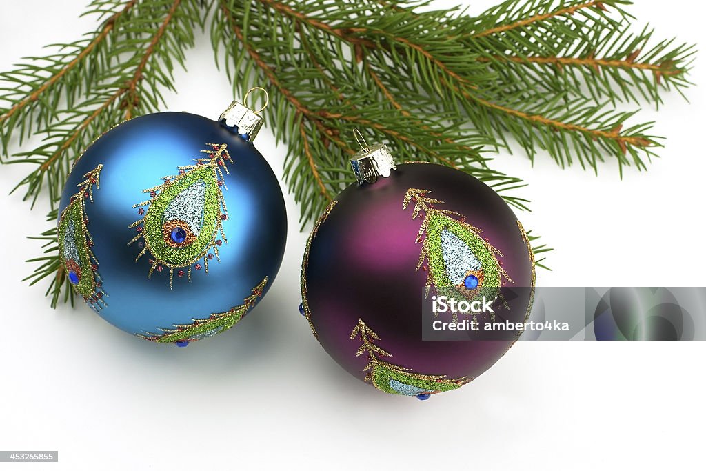 Christmas card with bright colorful balls Christmas-tree decorations on a white background Advent Stock Photo