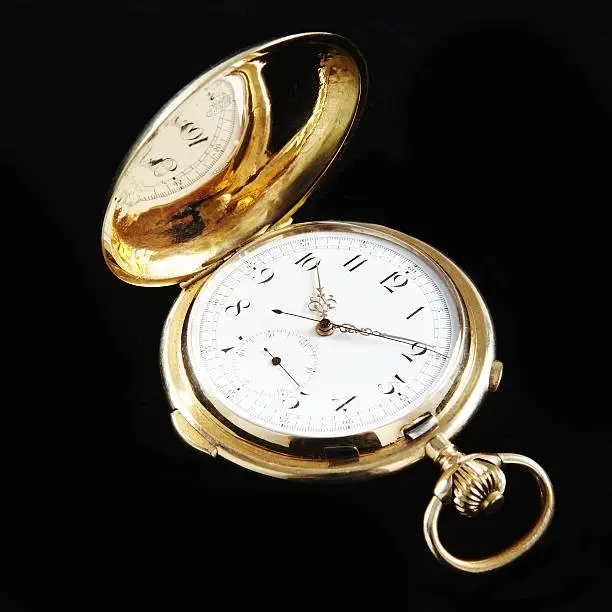 Antique pocket watch isolated on black.