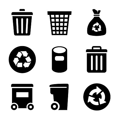 Garbage container and basket Icons set. Vector illustration.