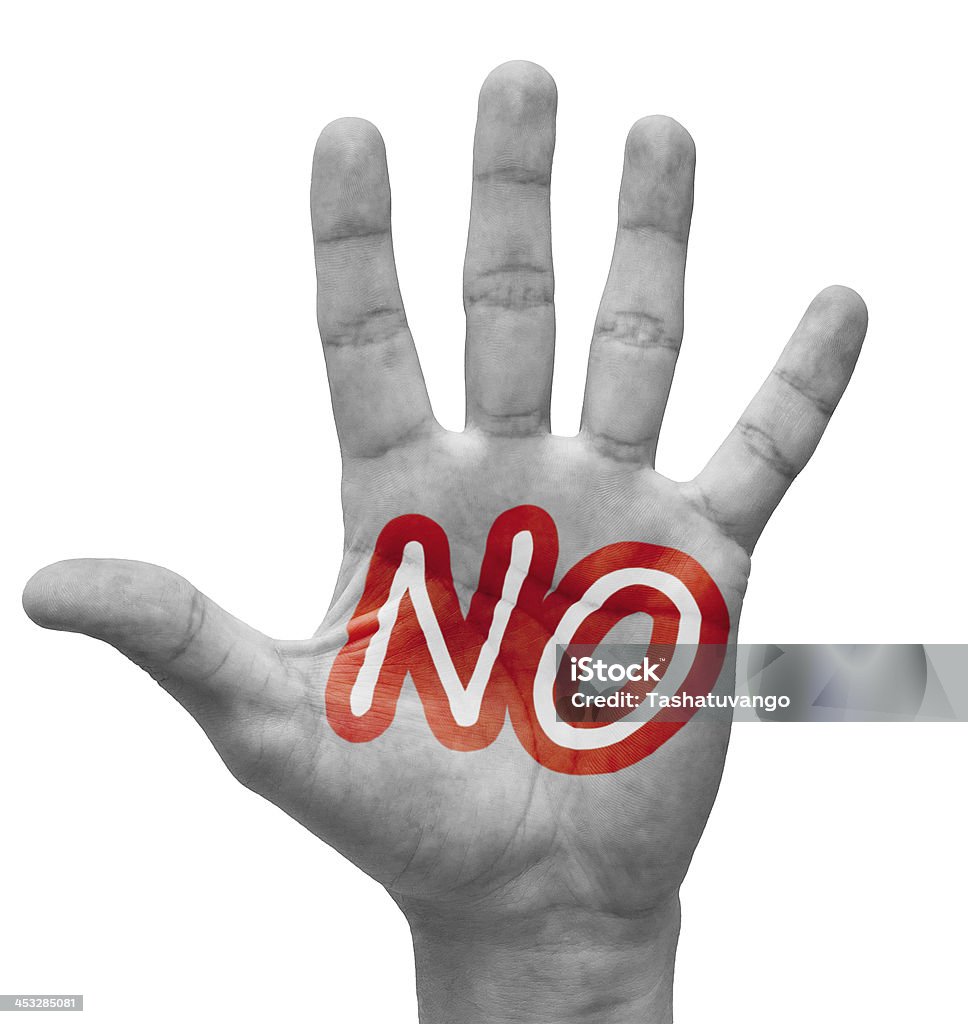 No Concept. No - Raised Hand with Red-White Word Stop Palm - Isolated on White Background. Activity Stock Photo