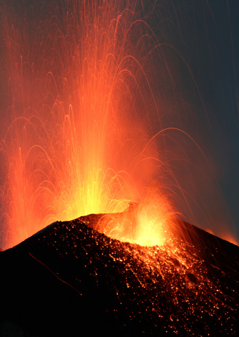 Night eruption of volcano Stromboli in Italy