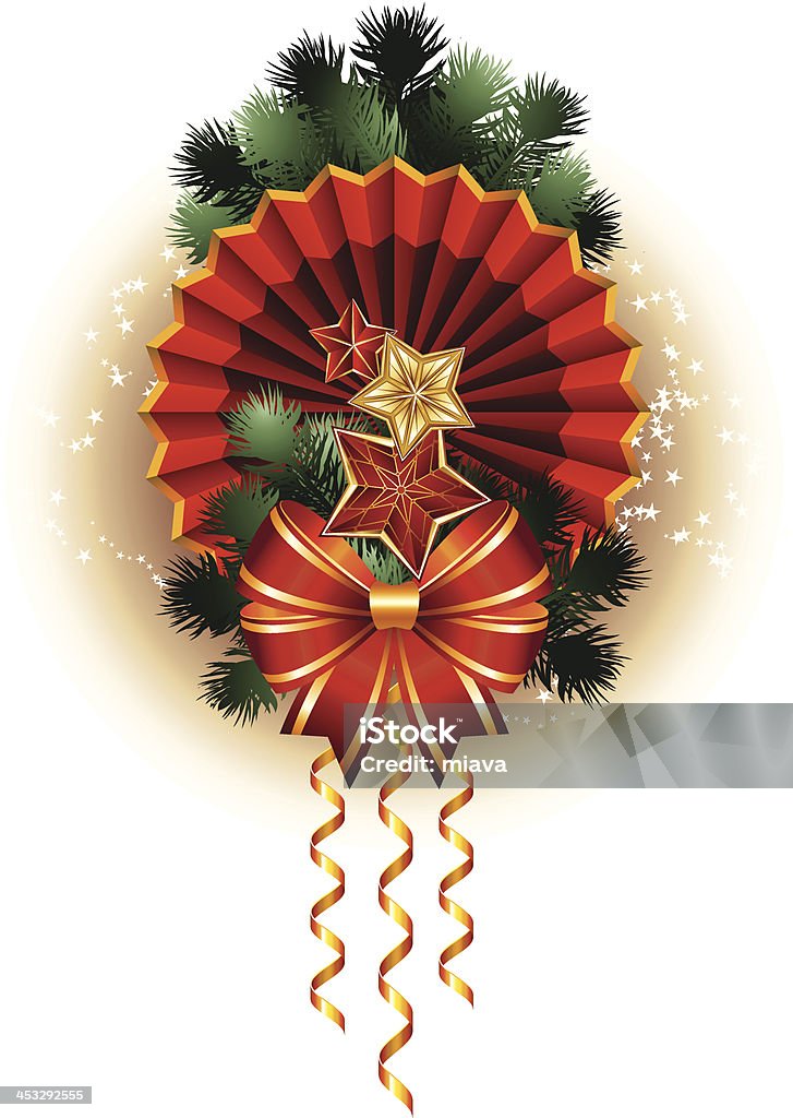 Stars and bow Christmas background with fir twigs and red bow. Vector illustration.EPS8. Branch - Plant Part stock vector