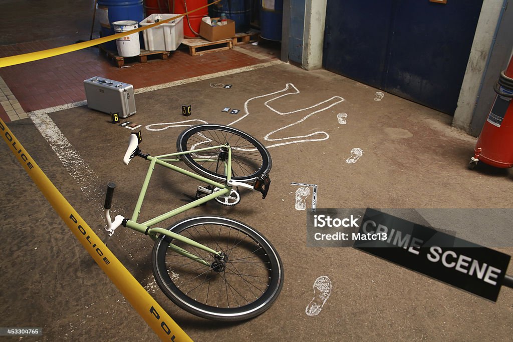 Murder Crime Scene In Factory Murder crime scene in a factory in the process of Chalk Outline Stock Photo