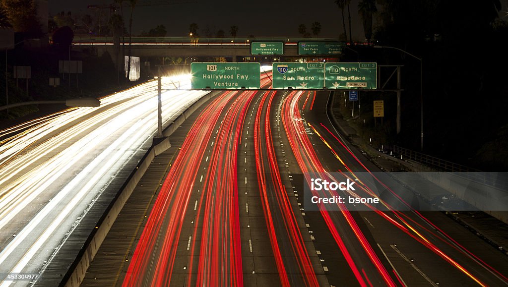 Travelling on the 101 North to Hollywood at night Shot in Downtown Los Angeles, on Hill Street over looking the freeway, Bulb setting about 18 seconds, with a 85 f/1.2 Hollywood - California Stock Photo