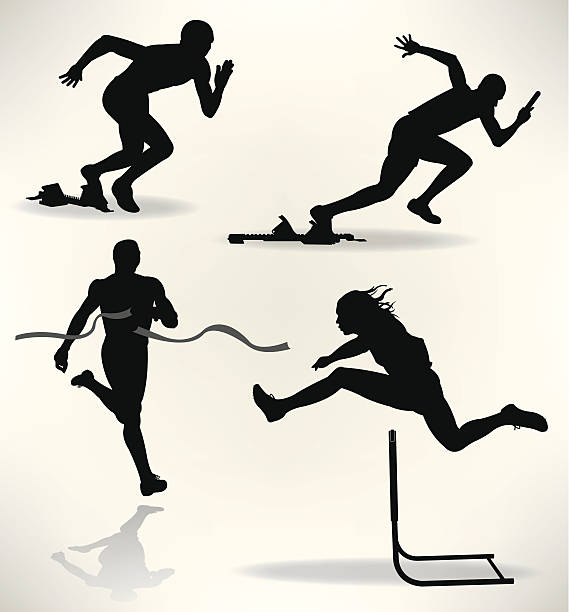 ilustraciones, imágenes clip art, dibujos animados e iconos de stock de pista y campo motos acuáticas, corredor - hurdle competition hurdling vitality