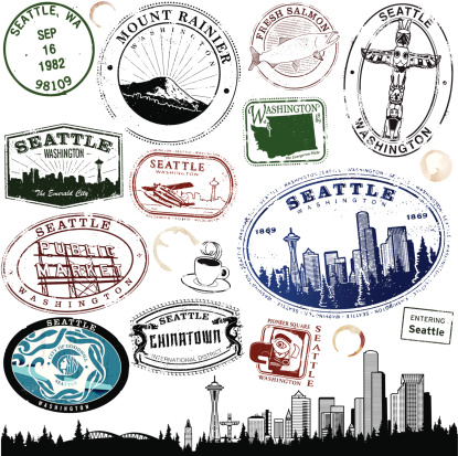 Series of stylized Seattle and Washington Stamps