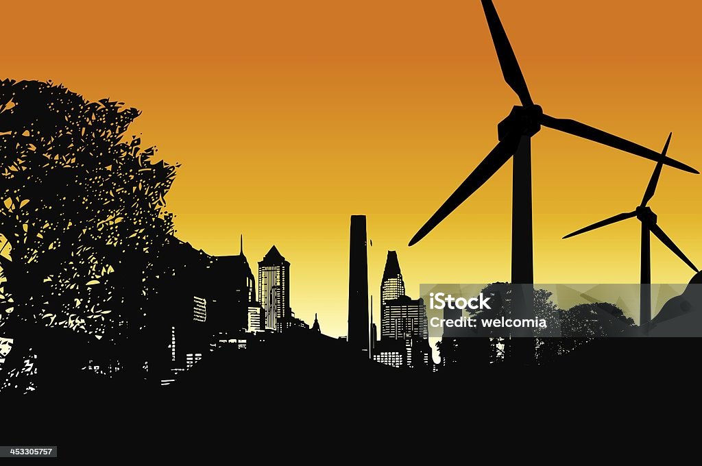 Future City City of the Future in the Sunset. Buildings and Wind Turbines on the Horizon - Illustration. City Stock Photo