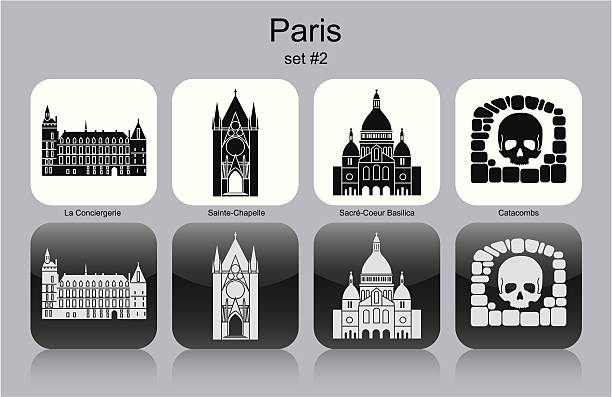 Paris icons Landmarks of Paris. Set of monochrome icons. Editable vector illustration. sainte chapelle stock illustrations