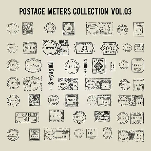 Vector illustration of Vector of vintage postage meters from different countries