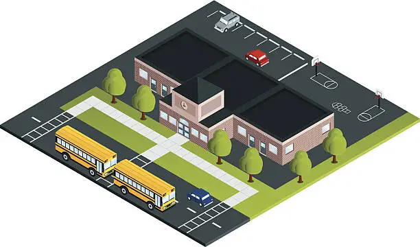 Vector illustration of School with Buses
