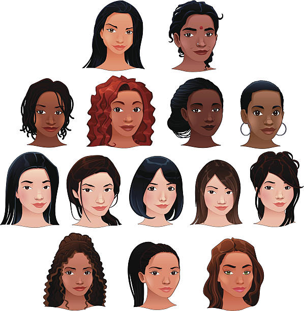ilustrações, clipart, desenhos animados e ícones de indiana, preto, asiática e latino mulheres. - women human hair african descent black