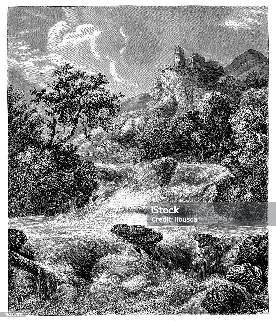Antica illustrazione di fiume rapids con castello - Illustrazione stock royalty-free di Acqua