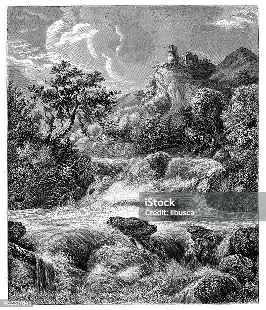 Antica Illustrazione Di Fiume Rapids Con Castello - Immagini vettoriali stock e altre immagini di Acqua - Acqua, Acqua fluente, Albero