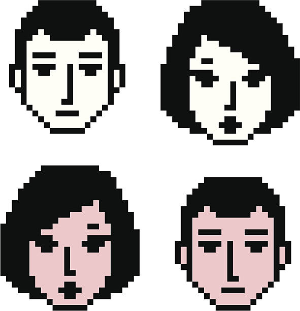 Pixel Couple Faces of young man and female as pixel icons. pixelated face man stock illustrations