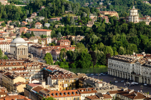 Turin (Torino), panorama on the hills and Piazza Vittorio