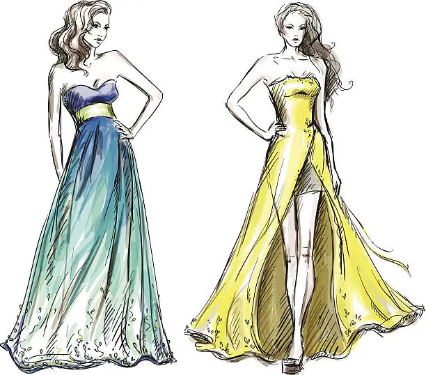 Vector illustration of Fashion illustration. Long dress. Catwalk.