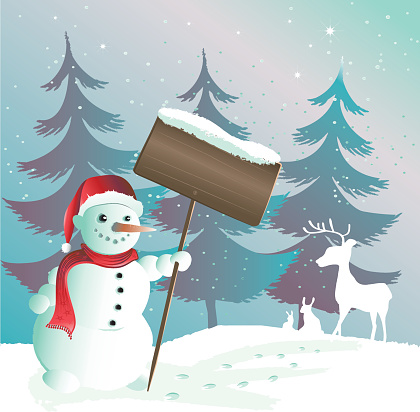 vector illustration of a cute smiling snowman, winterscene as christmas scene as well