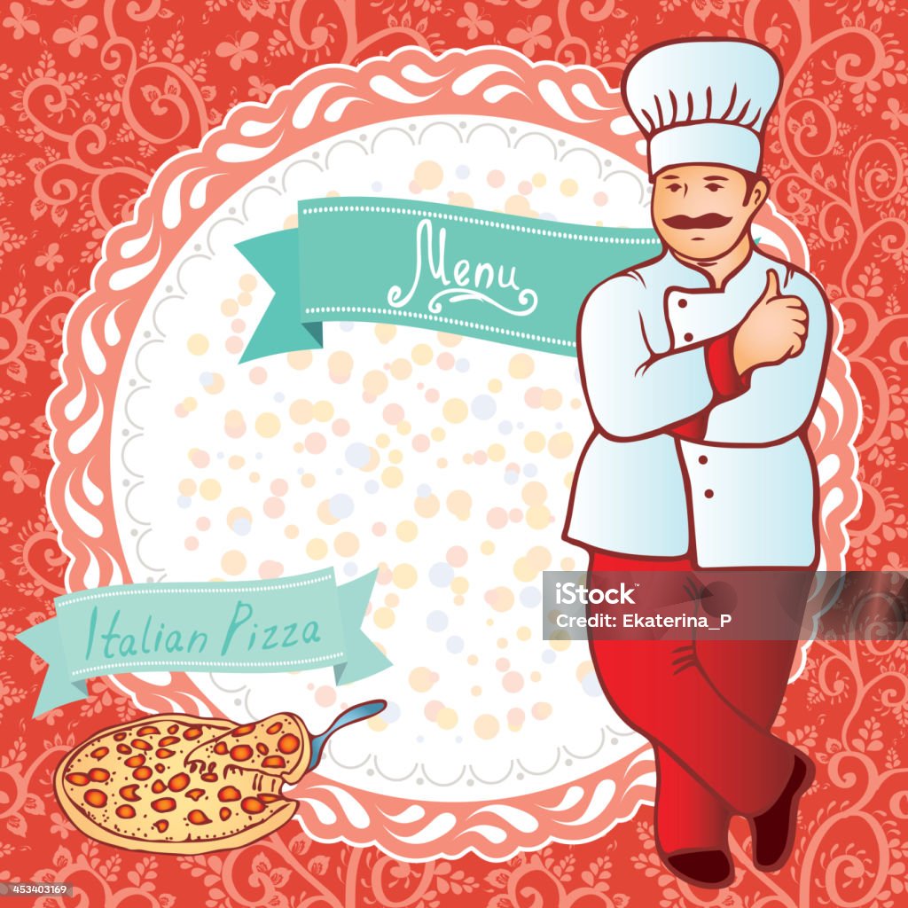 Menü.  Chefkoch.  Pizza.  Roter Hintergrund mit Blumen circle.  Vektor - - Lizenzfrei Arbeiten Vektorgrafik