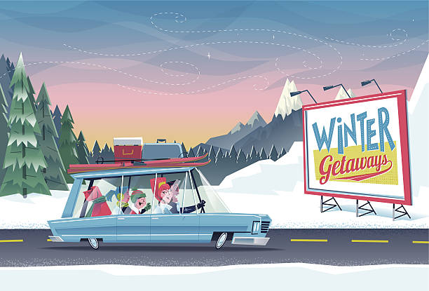 bildbanksillustrationer, clip art samt tecknat material och ikoner med family winter getaways - vinter väg bil