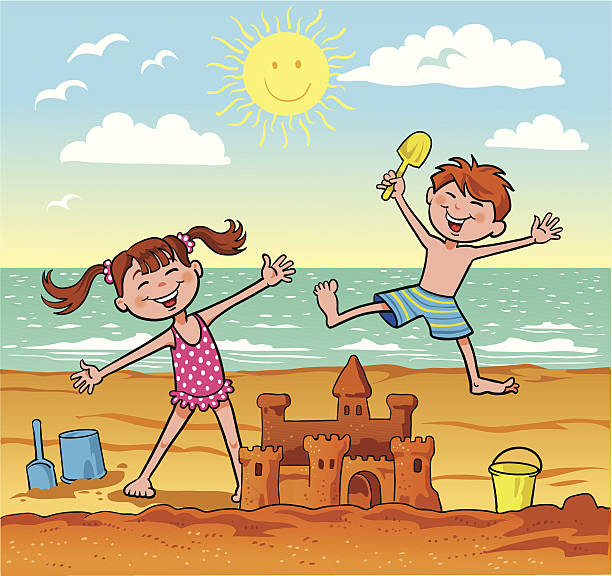 kinder spielen am strand - vector sand summer smiling stock-grafiken, -clipart, -cartoons und -symbole