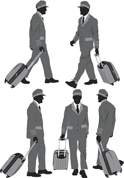 Vector illustration of Multiple images of an airline pilot with his luggage