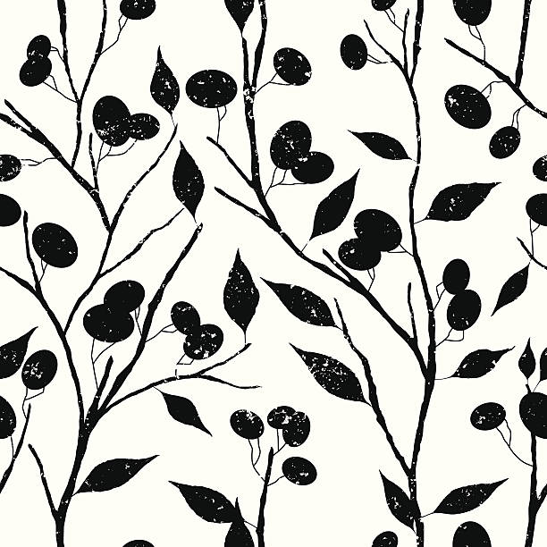 wektor w stylu retro tapeta wzór drzewo - olive olive tree olive branch branch stock illustrations