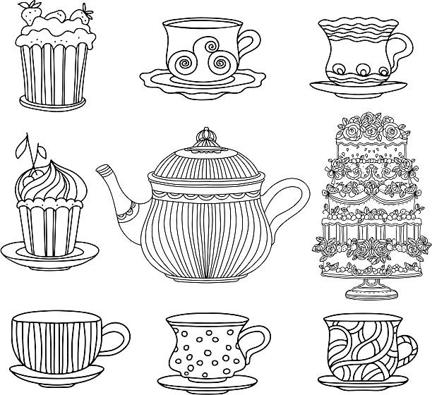 set 컵, 케이크, 주전자 - flower cherry cup tea stock illustrations