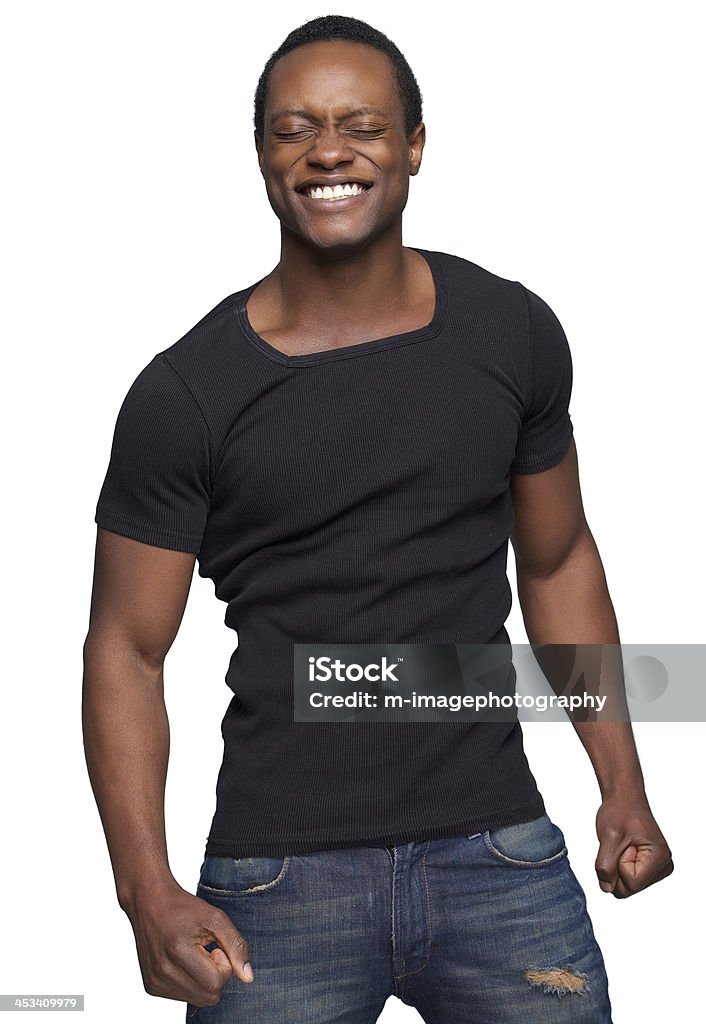 African American Man Smiling with Eyes Closed Portrait of an african american man smiling with eyes closed, isolated on white 25-29 Years Stock Photo