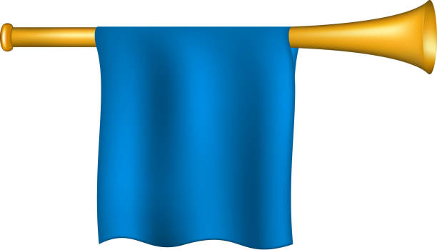 ilustrações, clipart, desenhos animados e ícones de trompete com bandeira azul - trumpet bugle heralds trumpet announcement message