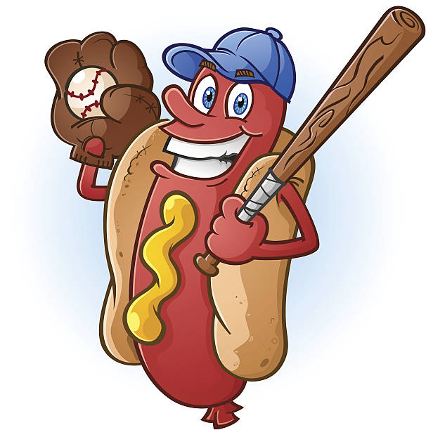 Hot Dog Baseball Cartoon Character A smiling hot dog baseball player cartoon character with a bat, cap and catchers mitt concession stand stock illustrations