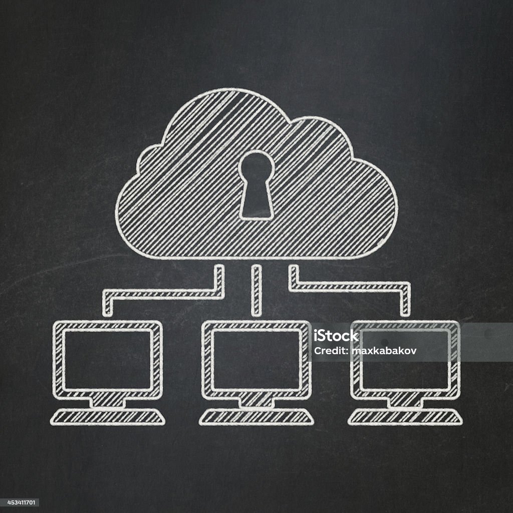 Concept of cloud network safety in chalkboard design Safety concept: Cloud Network icon on Black chalkboard background, 3d render Backgrounds Stock Photo