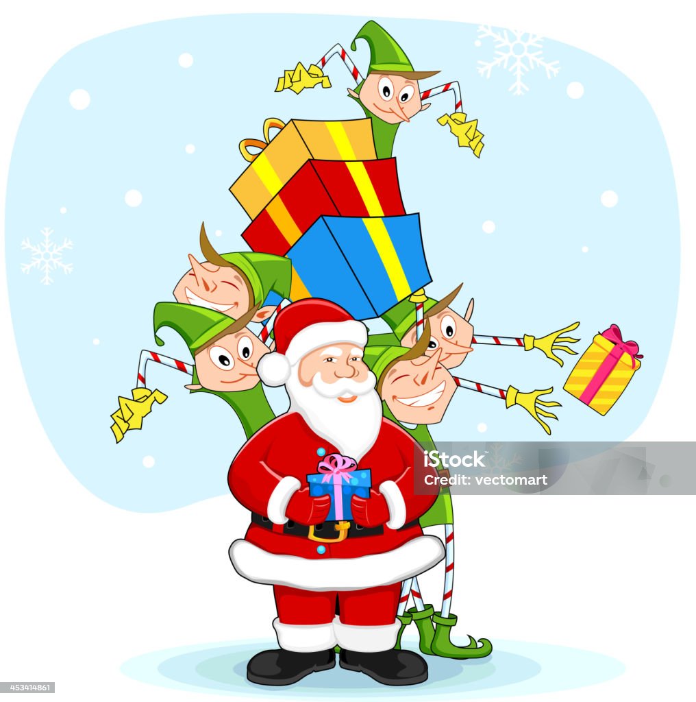 Santa con Elf distrubiting regalo di Natale - arte vettoriale royalty-free di Adulto